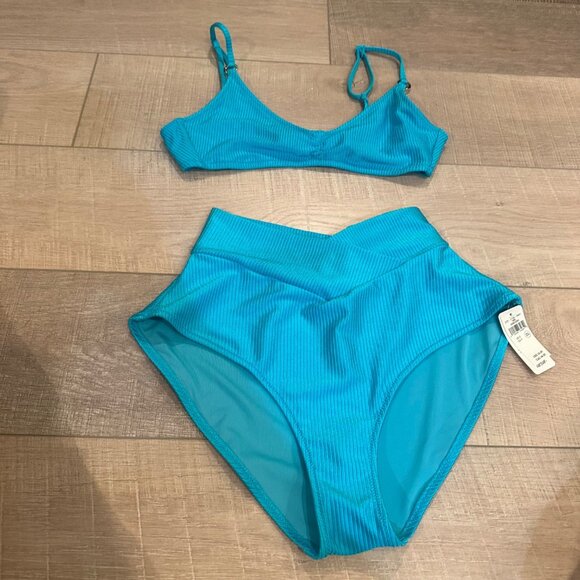 Aerie Ribbed High-Waisted Bikini Set With Adjustable Straps In Teal SMALL NEW - Picture 2 of 9